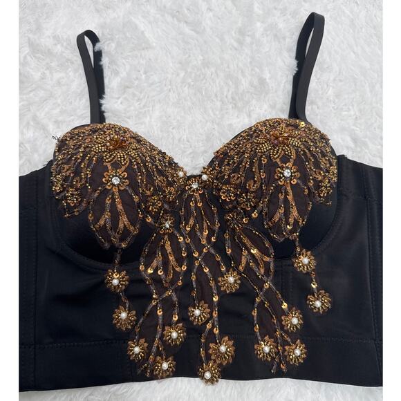 Beaded sequin 3D floral Crop bustier bra top gold black removable straps large - Picture 4 of 16